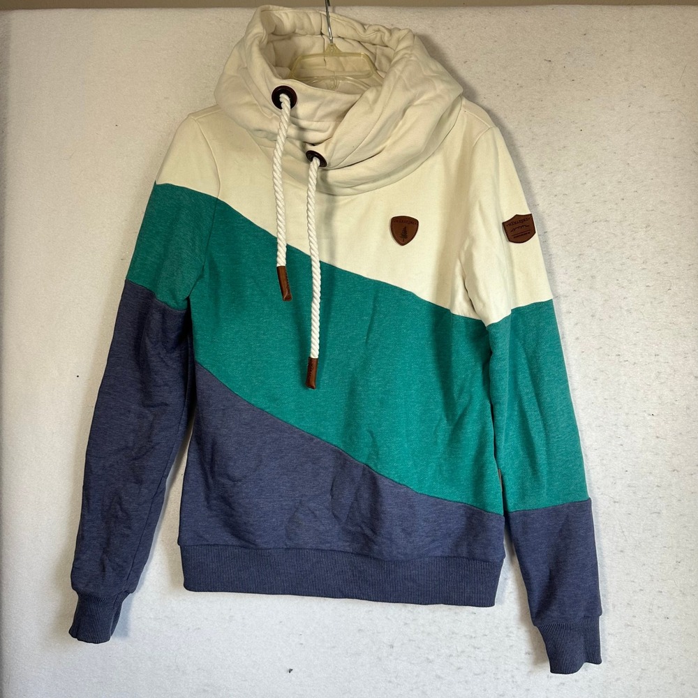 Wanakome Hestia Cowl Neck Hoodie Colorblock Teal Navy Cream Women Medium